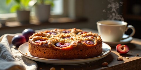 Warm, golden-brown plum cake with a delightful crumb topping, freshly baked and served with a steaming cup of tea on a rustic wooden table