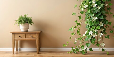 Serene Interior Design Featuring a Wooden Side Table, a Lush Potted Fern, and a Cascading Ivy Plant with Delicate White Blossoms Against a Neutral Beige Wall