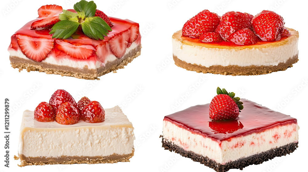 Poster delicious cheesecakes with strawberries on display generative ai