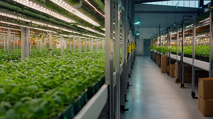 A large indoor greenhouse with rows of plants and boxes. generated using AI