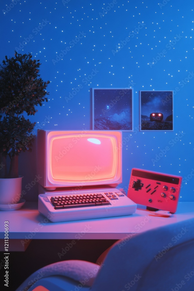 Poster retro gaming desk setup neon-drenched console and joystick display for immersive digital aesthetics 