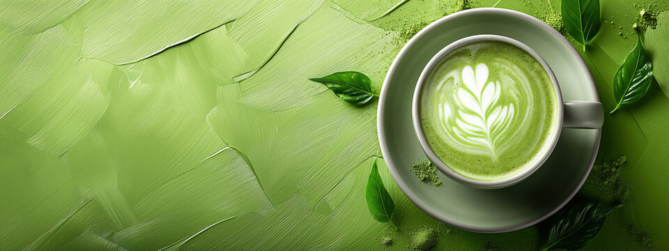 Matcha latte with detailed latte art presented on a minimalist setup against a bright clean background for advertising appeal