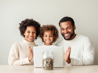 Modern Financial Literacy Tutelage Cheerful African American Family Engaged with Digital Savings Tracker on Wood Table - Home Budgeting and EdTech Strategy for Inclusivity