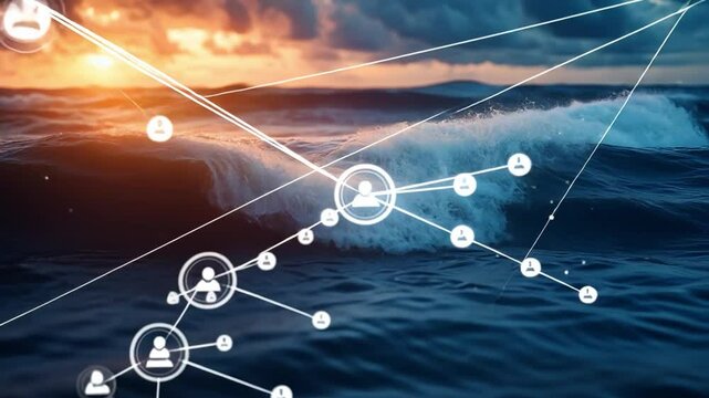 Oceanic Network: A captivating abstract image depicting a vast ocean at sunset, overlaid with a network of interconnected nodes.