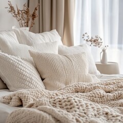 Cozy Cream Bedroom Interior with Knitted Throw and Pillows
