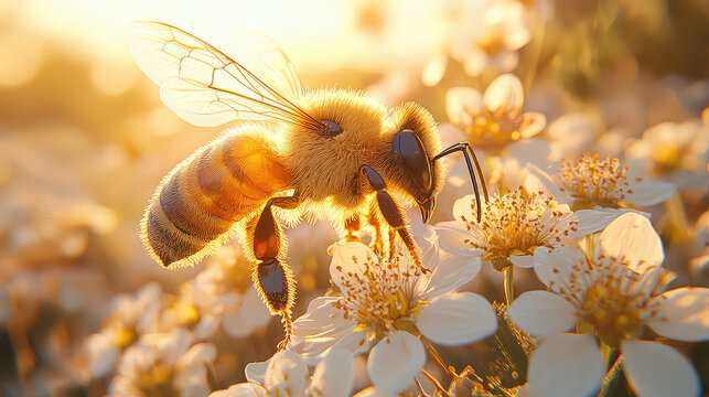 Honeybee in flight, collecting pollen from delicate white flowers at sunset. Golden hour light illuminates the scene. - Powered by Adobe