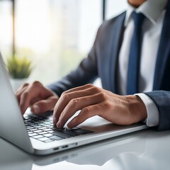  businessman typing on a laptop at a white desk in an office. His hands are actively working on the laptop, browsing the internet, and engaging in online tasks. Close-up view.
