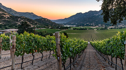 Fototapeta premium A vineyard with a beautiful sunset in the background. generated using AI