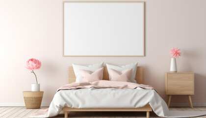 Cozy bedroom with a bed, a bedside, table, pot and vase with pink flowers and empty framed picture above for mockup.