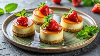 Delectable Mini Cheesecakes Topped with Caramel and Fresh Strawberries, a Sweet Treat for Any Occasion