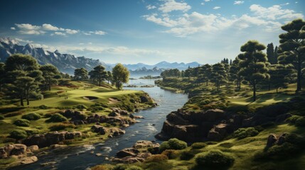 A golfer taking a swing on a beautiful golf course