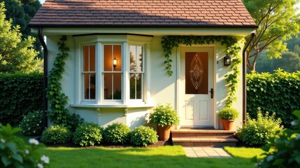 Fototapeta premium Charming Cottage with Bay Window and Ivy-Covered Walls, Basking in Sunlight