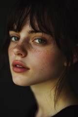 Fototapeta premium Contemporary Portrait Realistic Young Woman with Natural Beauty and Skin Texture for High-End Fashion and Digital Marketing Applications