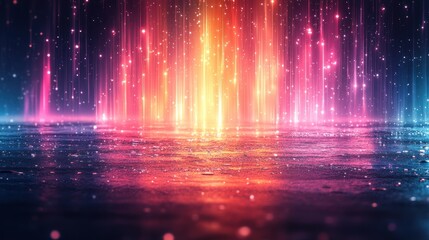 Vibrant abstract light display reflecting on a tranquil surface, creating an immersive atmosphere