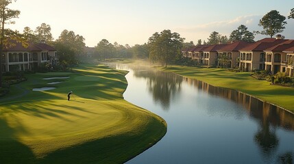 Fototapeta premium Serene Golf Course at Sunrise with Waterway and Villas