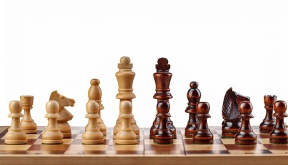 Wooden chess pieces set up on a board, ready for a game.