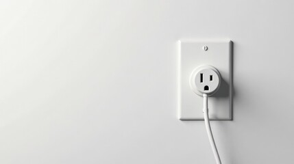 A minimalist image of a white electrical outlet with a single white cord plugged in against a plain white wall background.