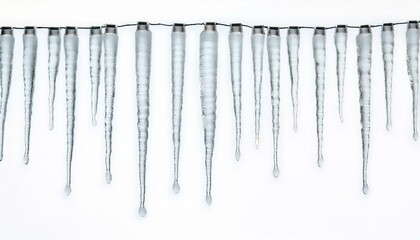 A row of glistening icicles hangs against a stark white background.