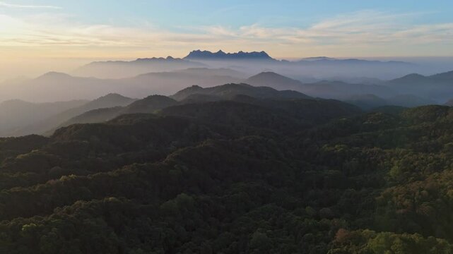 Aerial view foggy mountain forest landscape with morning colorful sunrise sky. (Doi Luang Chiang Dao) thailand . nature background.