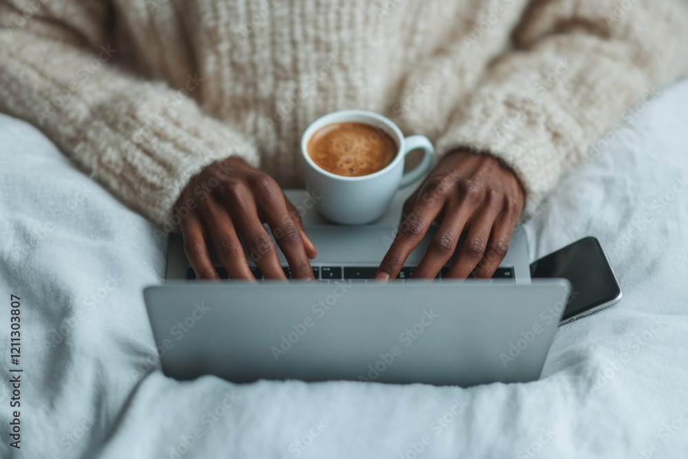 Aufkleber cozy minimalist study setup african american student typing on laptop with coffee and smartphone - b