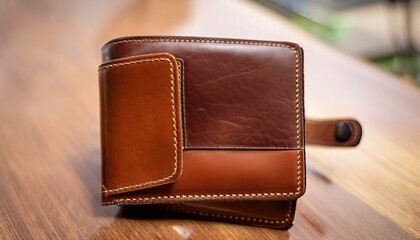 Brown leather wallet with stitched detail.