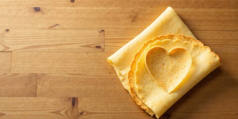 Heart-shaped crepe on wood background, a romantic culinary image perfect for Valentine's Day or a special occasion.