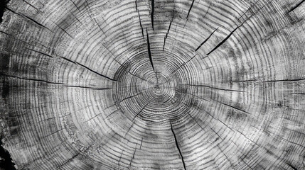 Obraz premium monochrome tree cross-section showcasing aged wood grain pattern and annual rings with detailed black and white texture and natural timber background