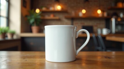 Fototapeta premium A simple white mug sits on a rustic wooden table in a warmly lit interior space, ready to be filled with a comforting beverage.
