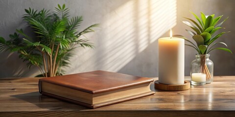 Fototapeta premium Serene Still Life Featuring a Leather-Bound Book, Lit Candle, and Lush Greenery on a Wooden Table
