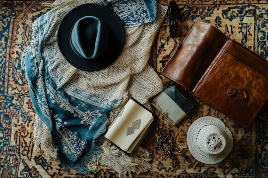 A creative flat lay of a rabbi tools: prayer shawl, yarmulke, and a leather-bound siddur