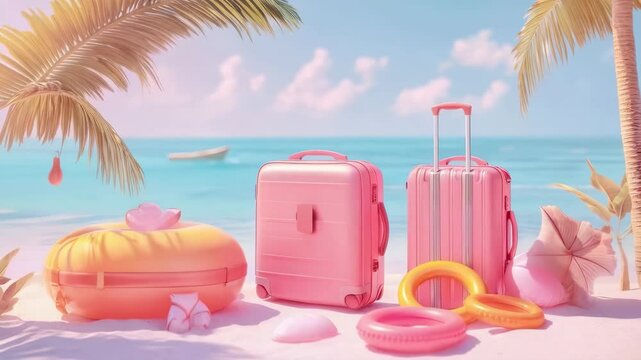 Tropical beach getaway with luggage and floaties under palm trees
