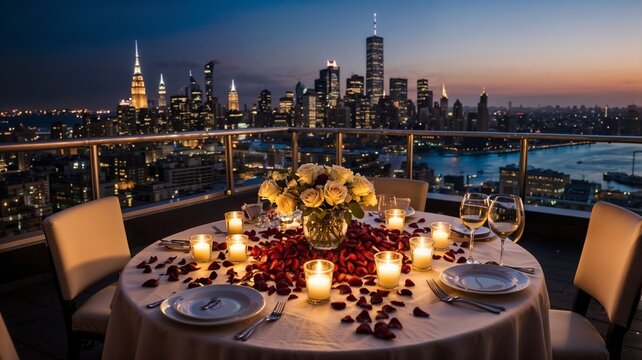 A romantic candlelit dinner setup on a rooftop overlooking a city skyline, with rose petals scattered across the table and glowing fairy lights in the background