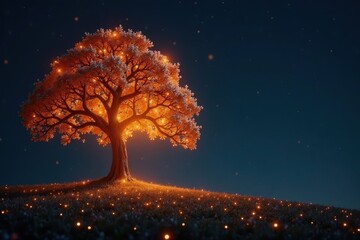 Glittering tree with golden sparkles and soft light, dark, night, glittery