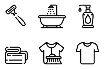 Household and Personal Care Black Line Icon Set - Cleaning and Hygiene Vector Graphics