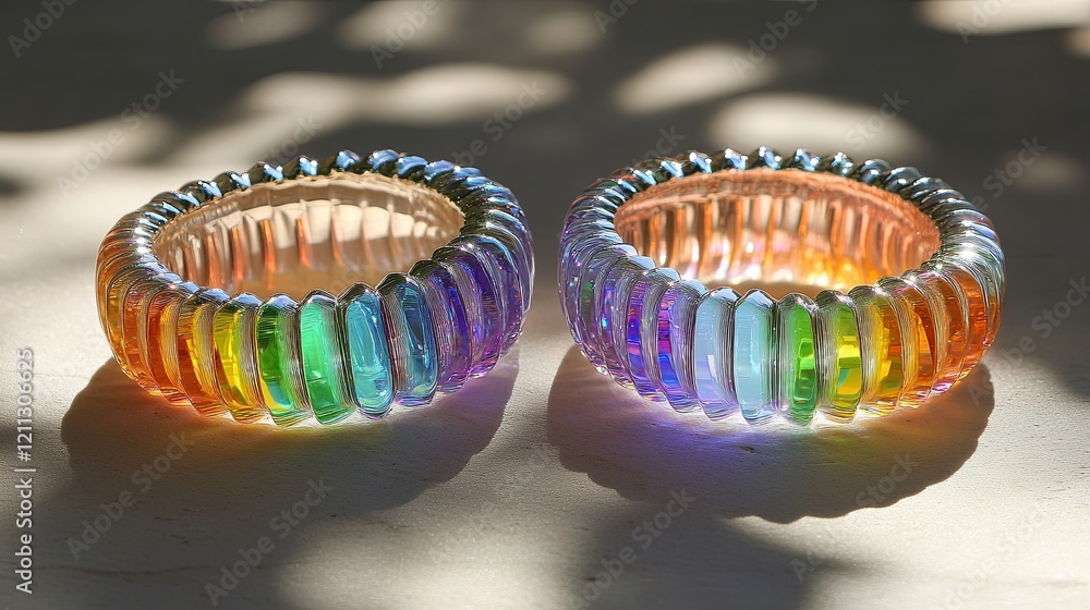 Poster Colorful transparent bangles displayed on a surface illuminated by soft sunlight in an artistic arrangement. Generative AI