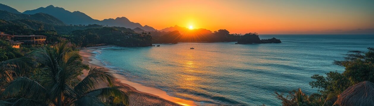 Breathtaking sunset over tranquil beach puerto vallarta travel photography tropical paradise aerial view nature's serenity