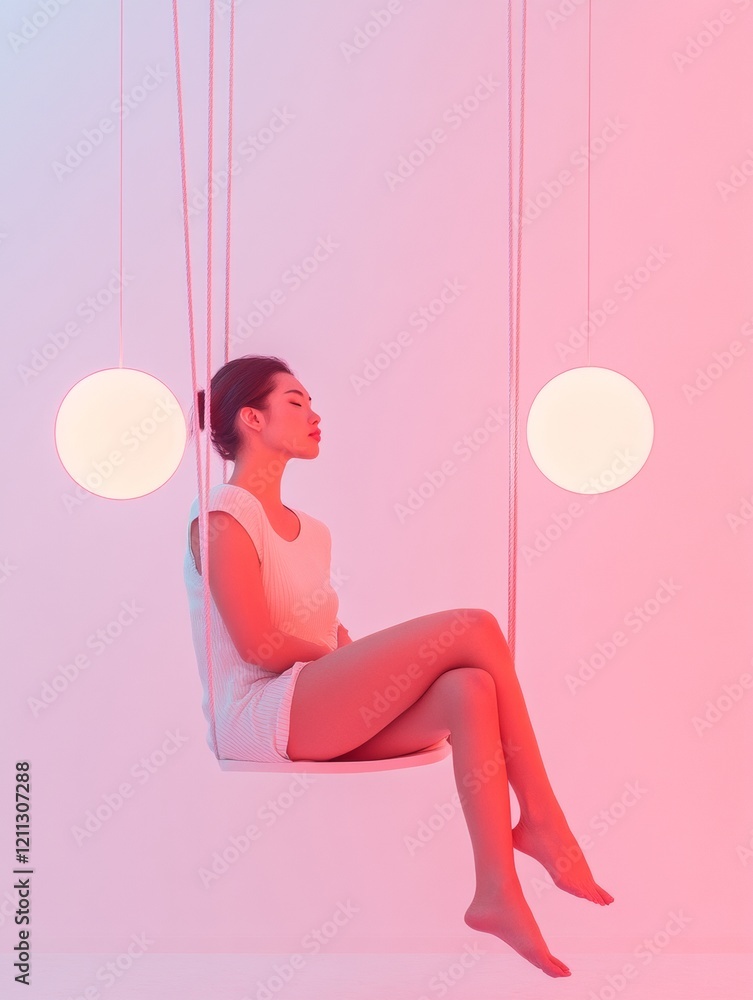 Aufkleber surreal gallery experience asian woman in ethereal light on swing with glowing orbs - immersive art 
