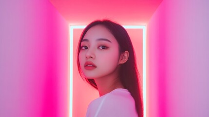 Mirror Maze Neon Young Korean Woman in Reflective Art-Space - Immersive Urban Design Trends in Experiential Marketing and Social Media Content Creation