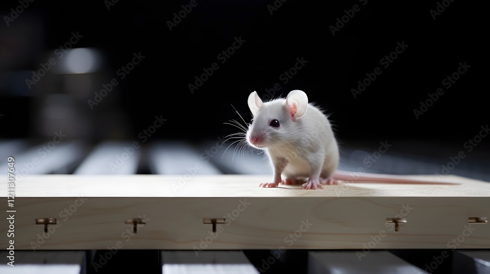 Poster a white laboratory mouse cautiously crawling on a platform during a scientific experiment in a resea