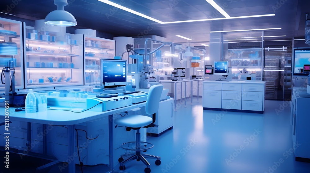 Poster meticulously arranged laboratory setting with sleek high tech scientific instruments and apparatus b