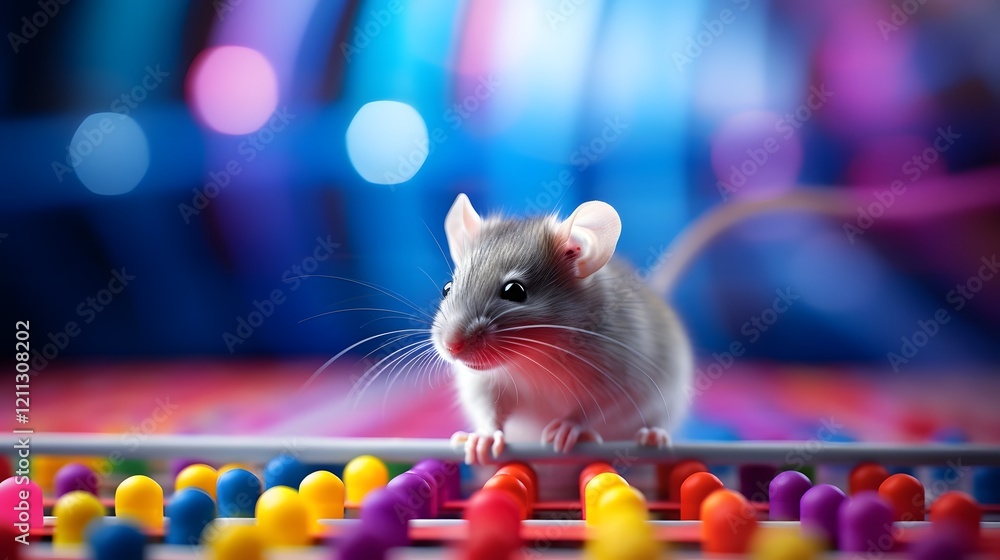 Poster curious and playful mouse navigating through a brightly colored behavioral test arena for scientific