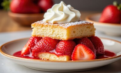 Delicious strawberry shortcake dessert with cream