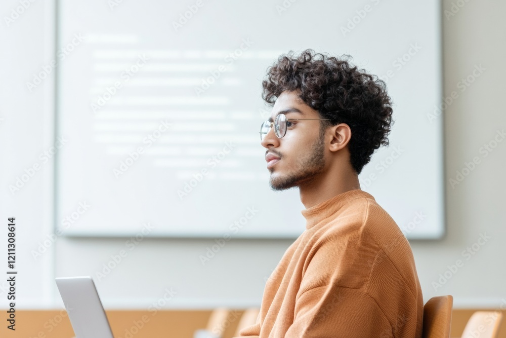 Poster modern classroom dynamics indian male student in sunlit space engaging with digital exam results on 
