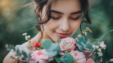 Fototapeta premium Bright and happy portrait of smiling woman holding bouquet of flowers enjoying relaxing outdoors on a sunny day, showing natural beauty.
