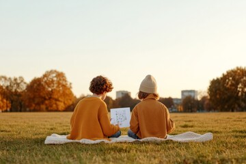 Urban Serenity Vision Board Young Couple in Warm Knitwear Enjoying Golden Hour in Park - Inspirational Content for Mental Health Awareness and Sustainable Living Promotion