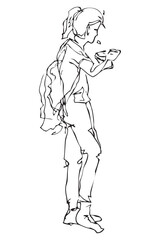 Woman Eating Something from Styrofoam or Container, Simple Sketch Vector