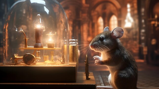 A mouse interacting with an experimental environment in a research laboratory setting  The digital scene showcases the rodent s and engagement with the simulated surroundings