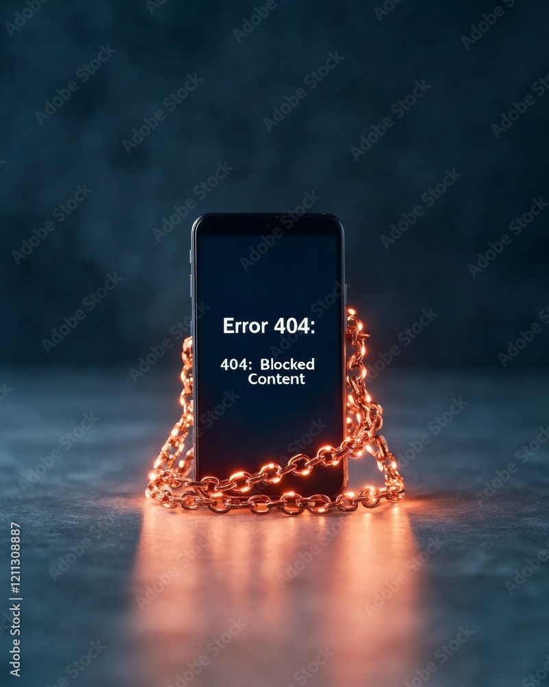 Aufkleber Dark Aesthetic Smartphone Display with Chains Error 404 Message on Screen for Internet Rights Advocacy and Cybersecurity Campaigns