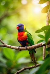 Obraz premium Vibrant Rosella parrot perched on tree branch in tropical forest, wildlife