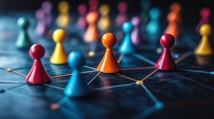 Colorful game pieces connected by lines on a dark surface, symbolizing networking and strategy